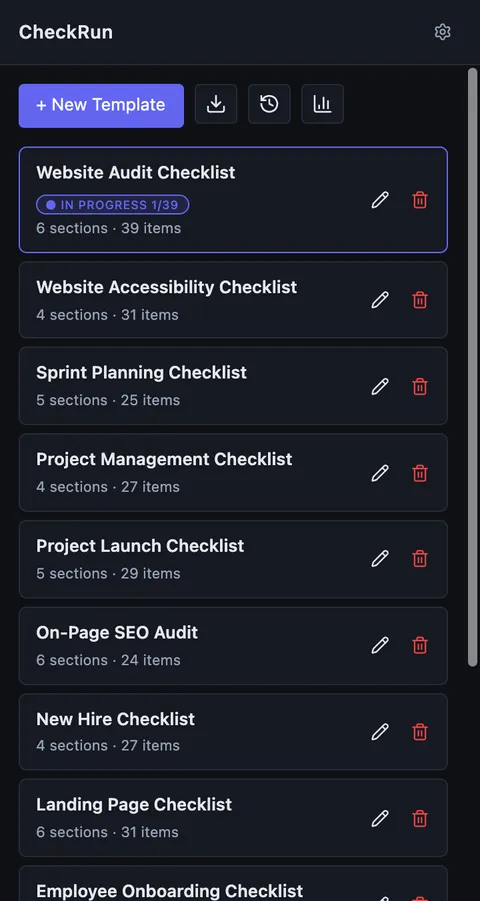 CheckRun sidebar showing a list of checklist templates
