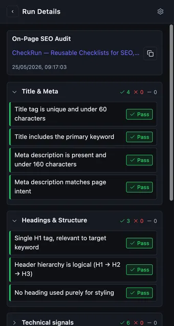 CheckRun run with Pass/Fail statuses