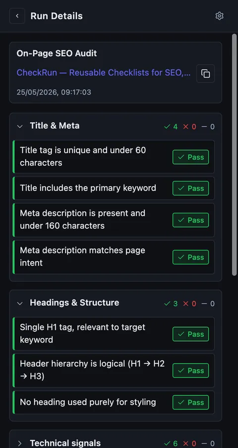 CheckRun run view showing Pass and Fail statuses per item